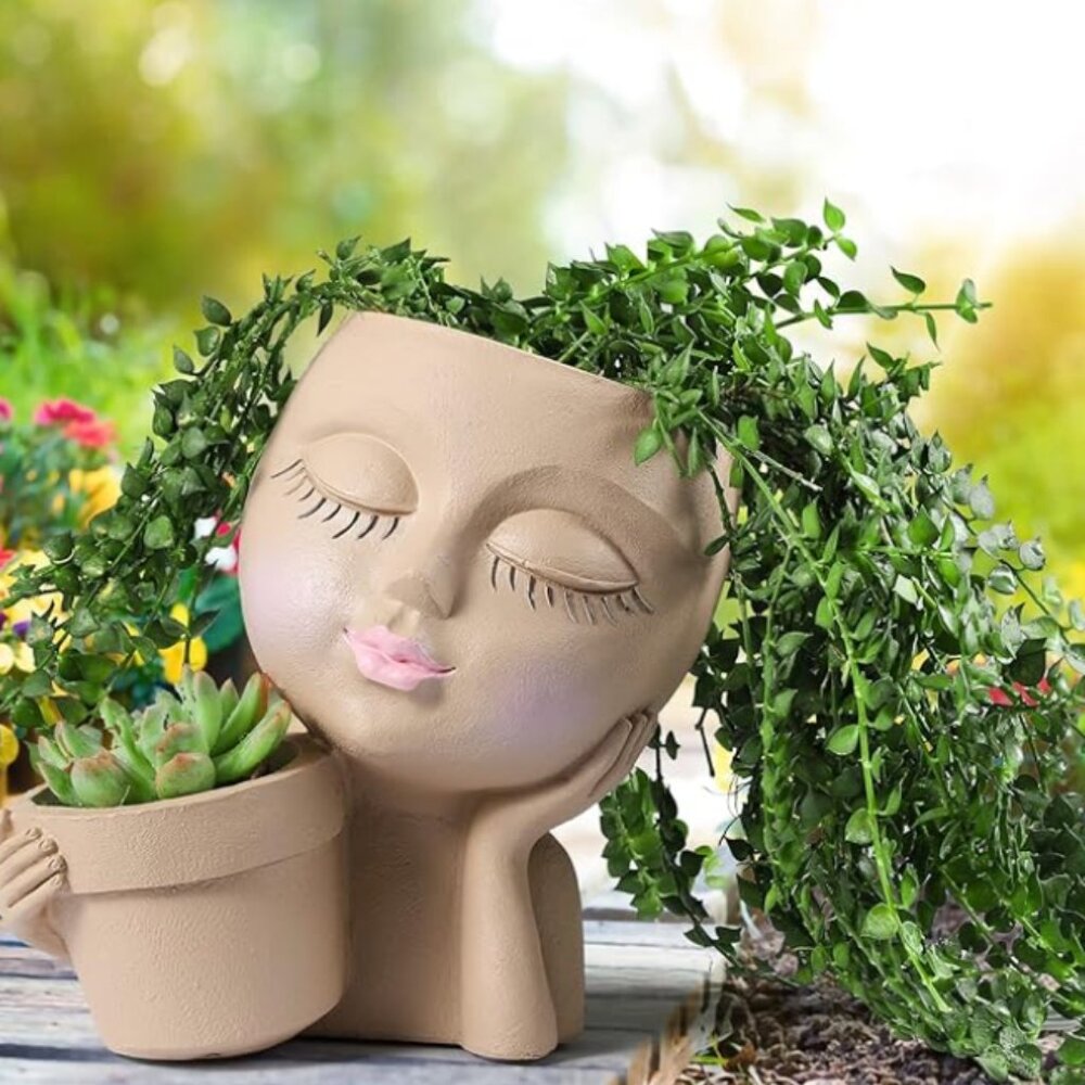Double Face Planter Pot – Resin Lady Head Flower Pot